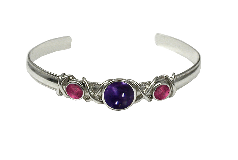 Sterling Silver Hand Made Cuff Bracelet With Iolite And Pink Tourmaline